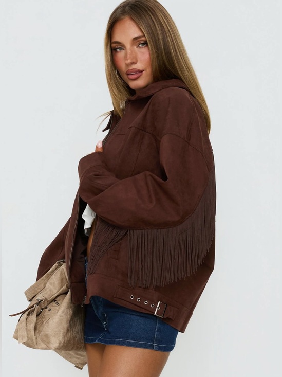 Princess Polly Jackets & Blazers - Princess Polly Goldsmith Faux Suede Fringe Bomber Jacket Brown US 6
